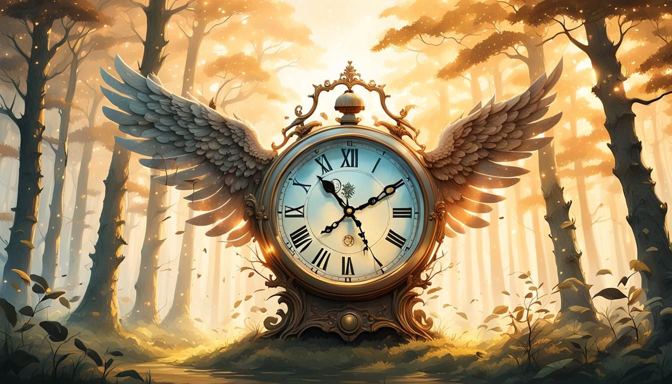 Winged Clock in Misty Forest: A Whimsical Illustration