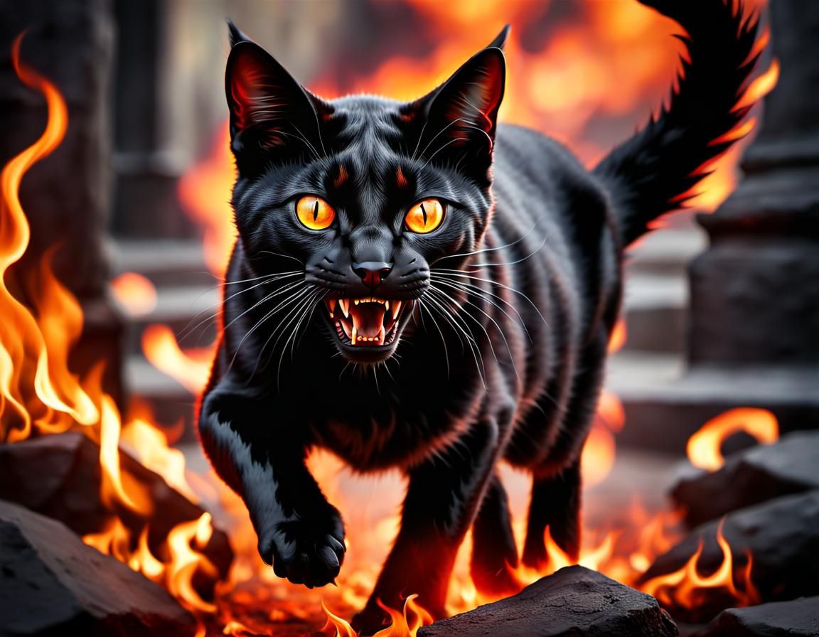Scary Black Cat Hissing in Hellfire: Hyperrealistic Illustra...