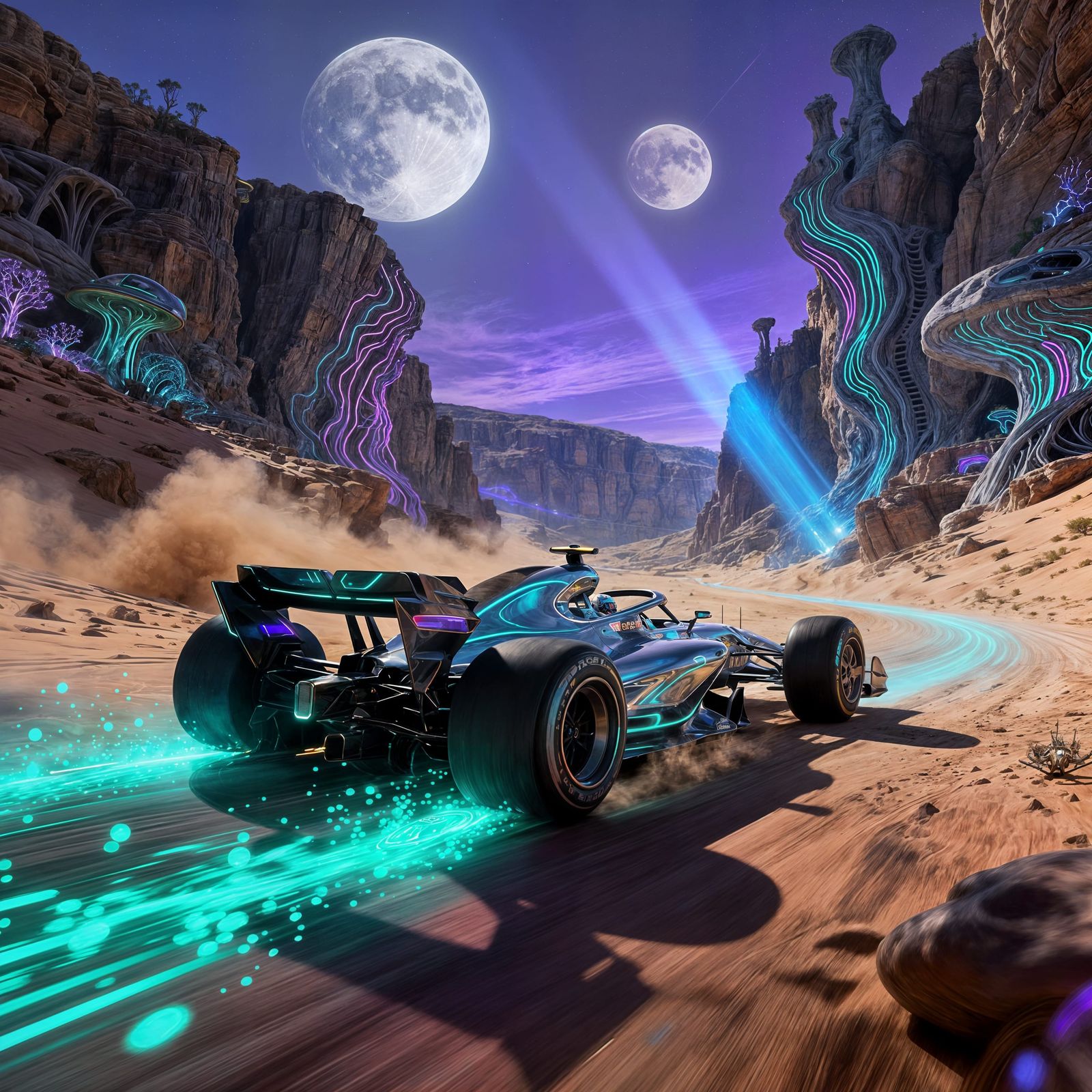 Futuristic F1 Car with Bioluminescent Accents Speeds Through...