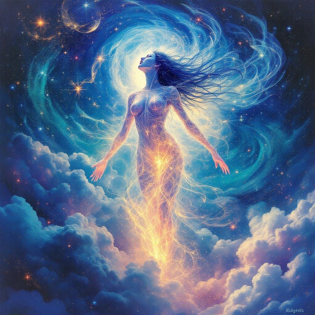 Holographic Being in Crimson and Blue Clouds