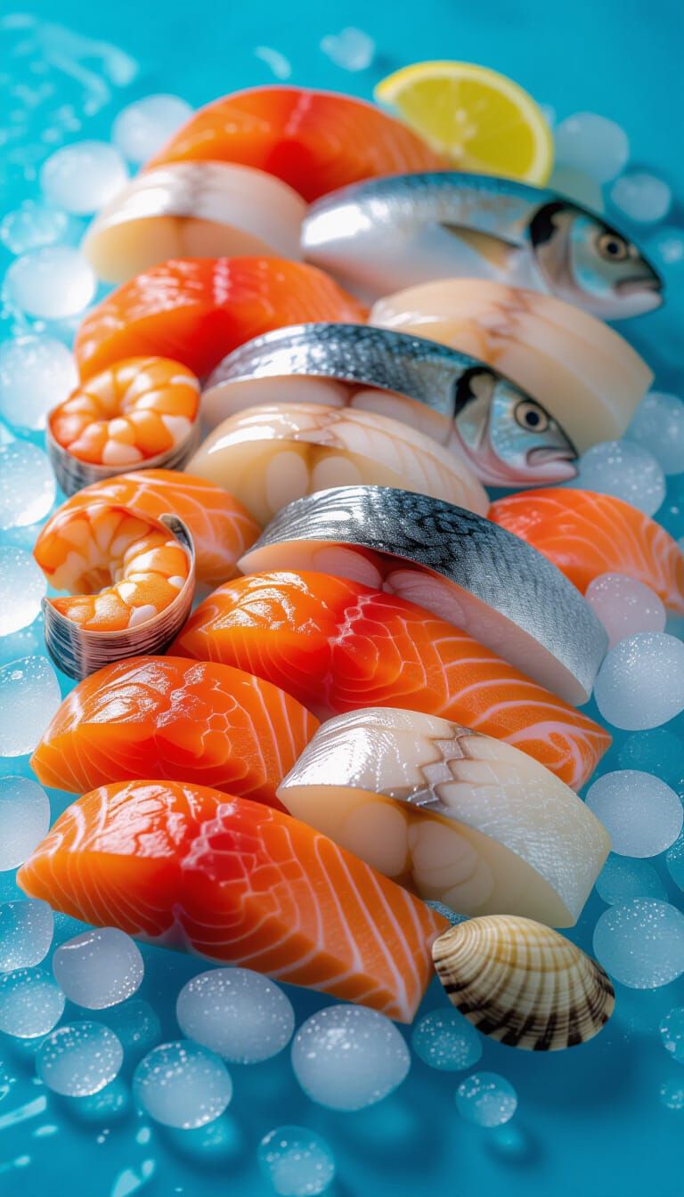 Fresh Seafood on Ice in Cool Blue Tones