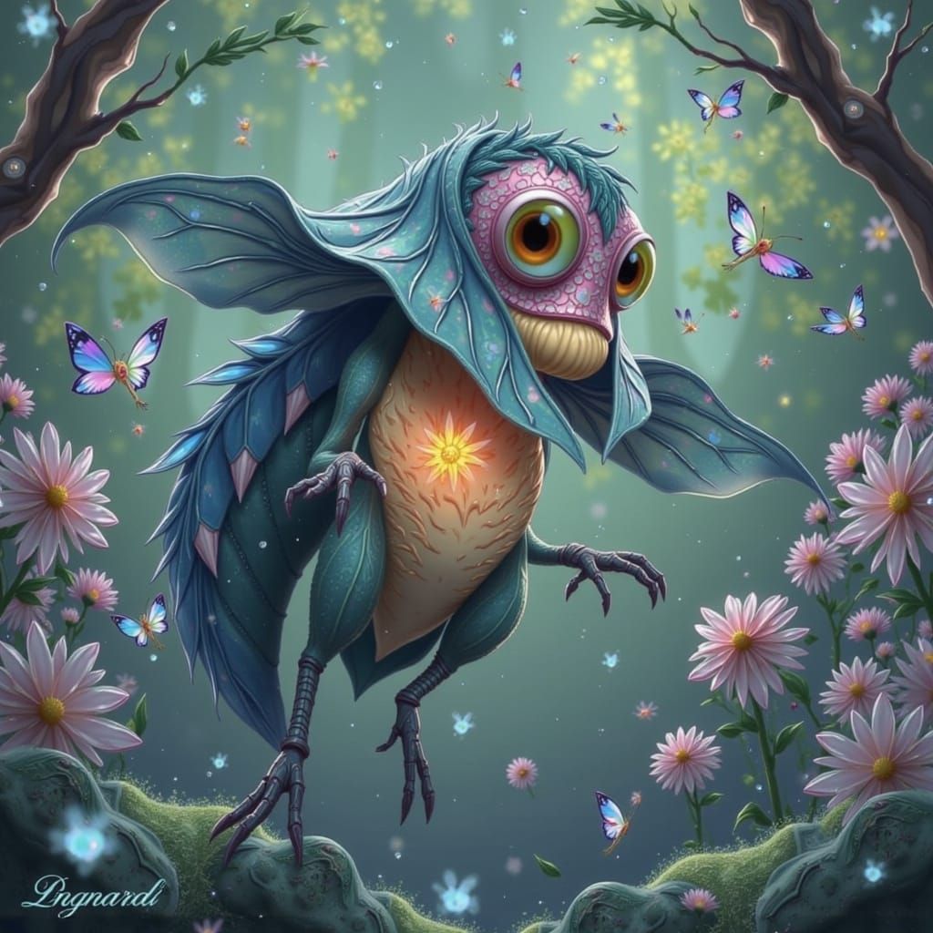 Whimsical Iridescent Creature in a Lush Forest
