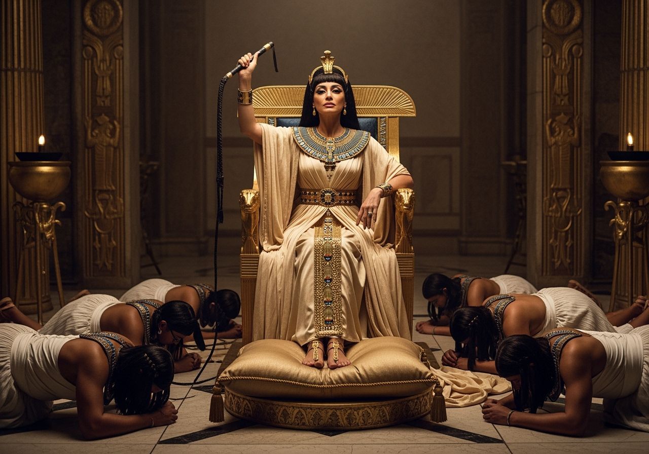 Queen of Egypt on Isis Throne in Opulent Room