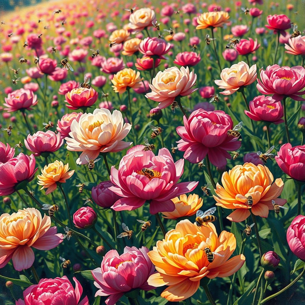 Vibrant Peonies in a Lush Meadow Graffiti Art