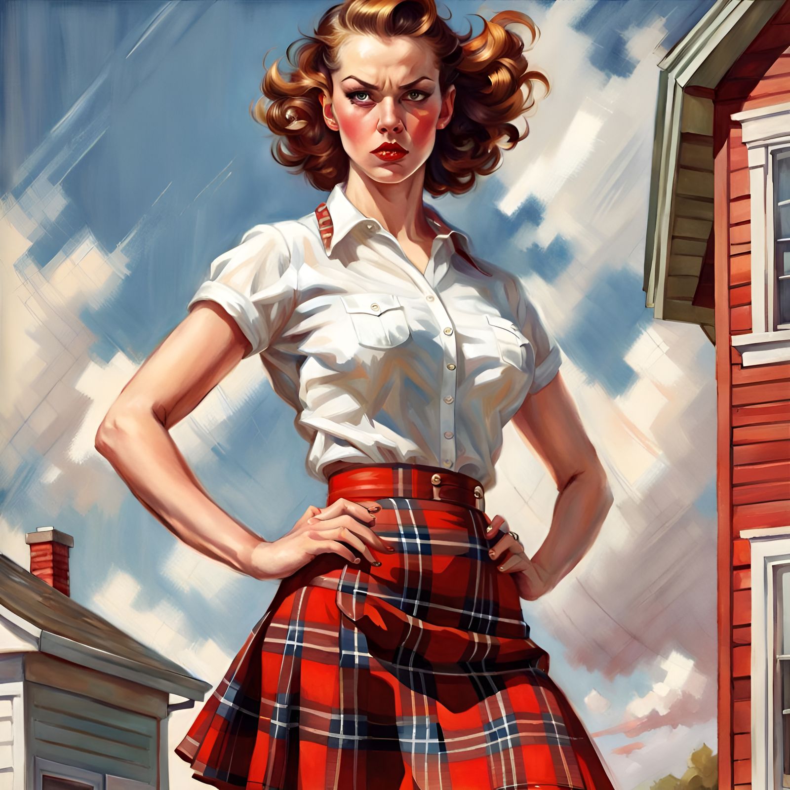 Angry Woman in Plaid Skirt, Pin-Up Style