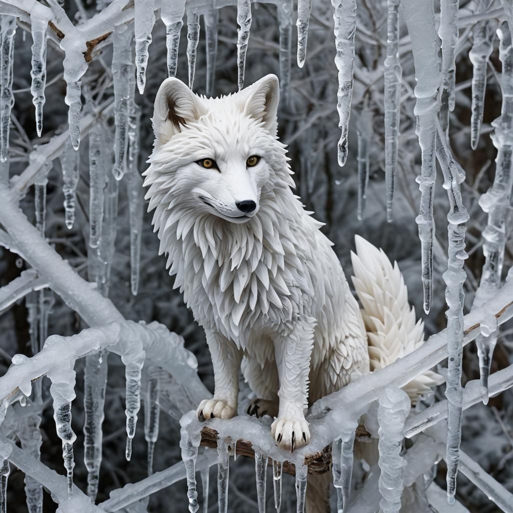Icy White Fox Sculpture Made of Icicles