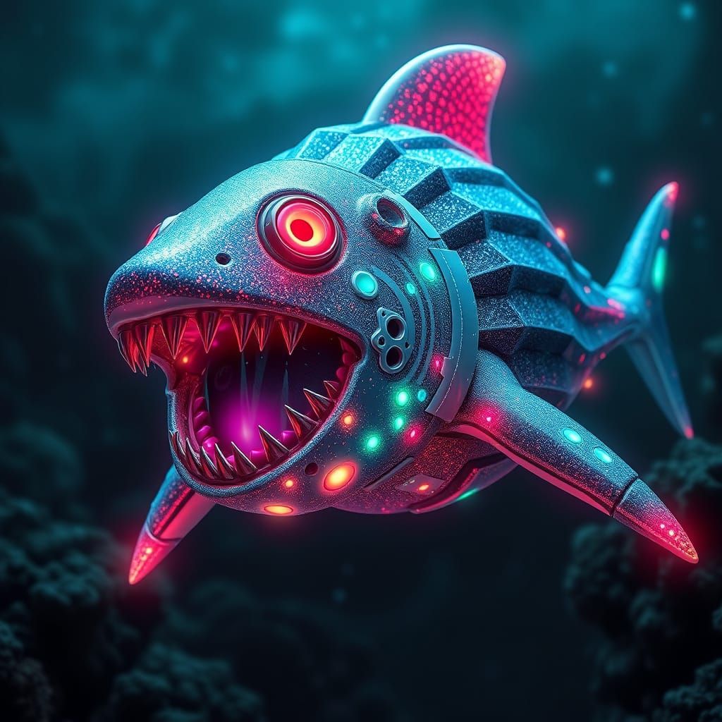 Cyberpunk Voronoi Bone Shark Sea-Hamster in Ocean