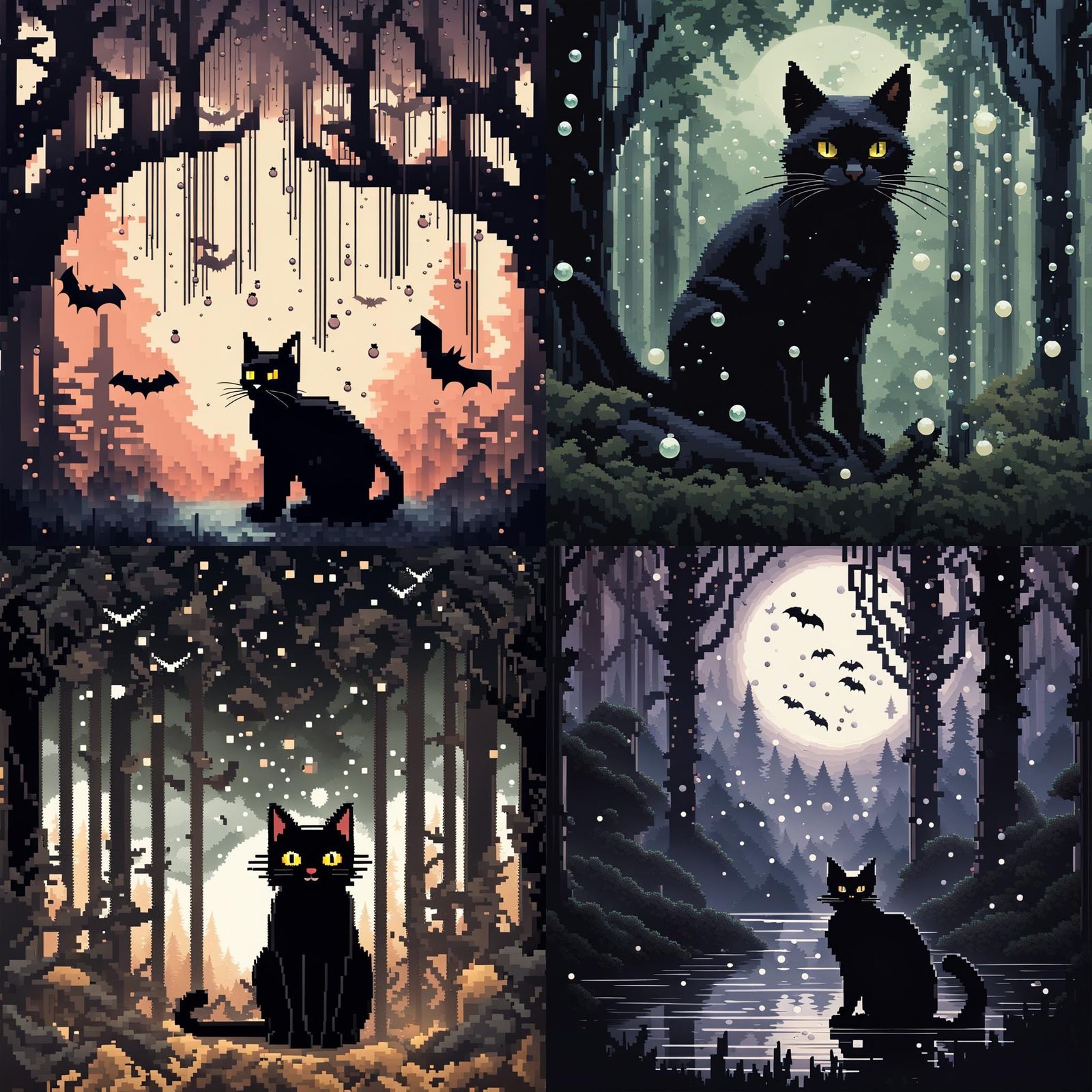 Magical Black Cat in Forest: Pixel Art