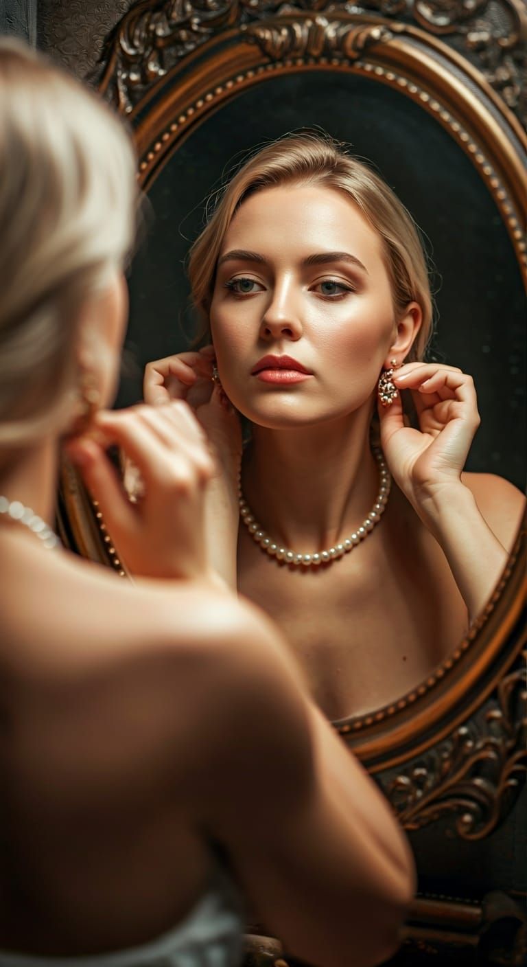 Woman Adjusts Earrings in Antique Mirror