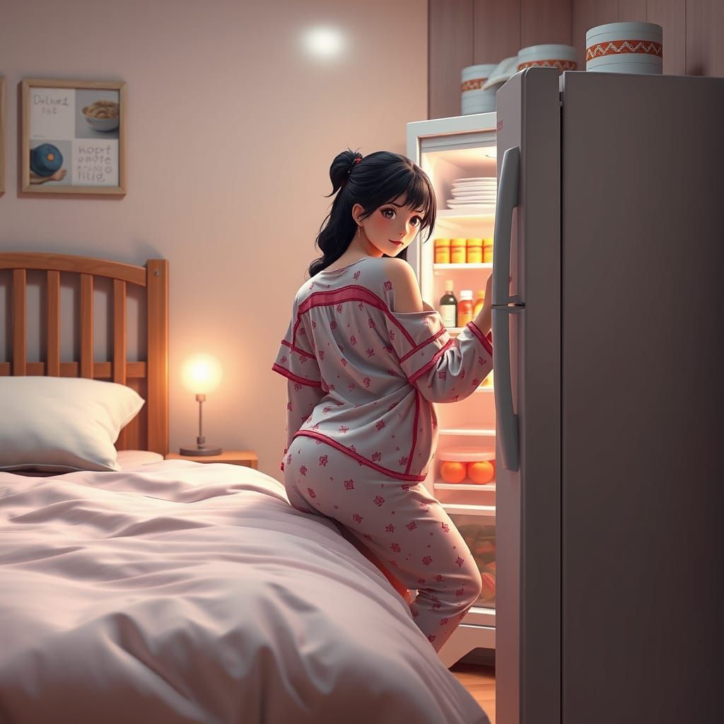 Young Woman Sneaking to the Fridge in Night Pajamas, Anime-I...