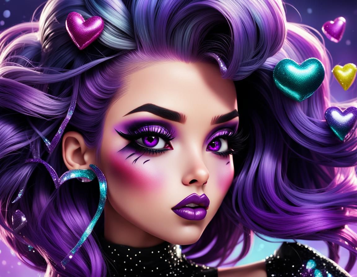 Purple-Haired Girl Blowing Kiss in Bratz Dolls Style