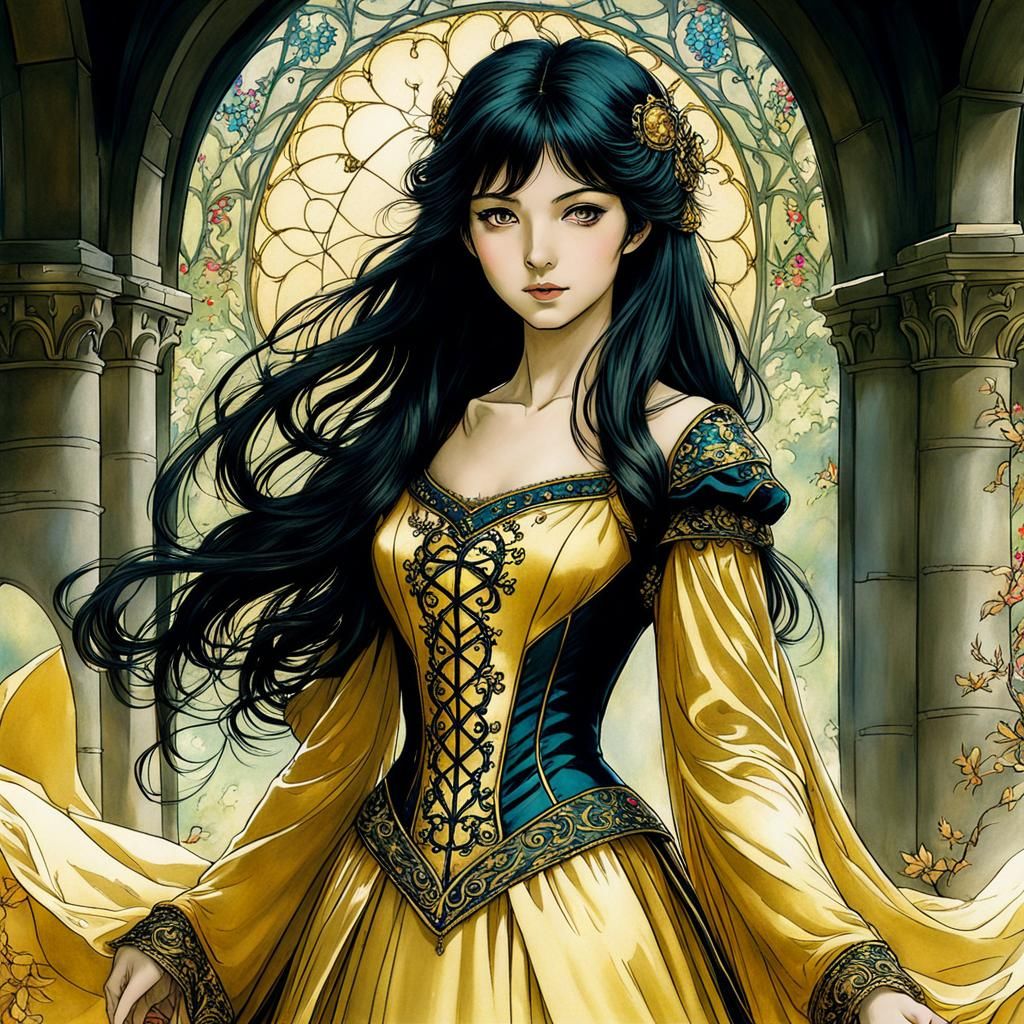 Medieval Maiden in Golden Gown, Anime Style