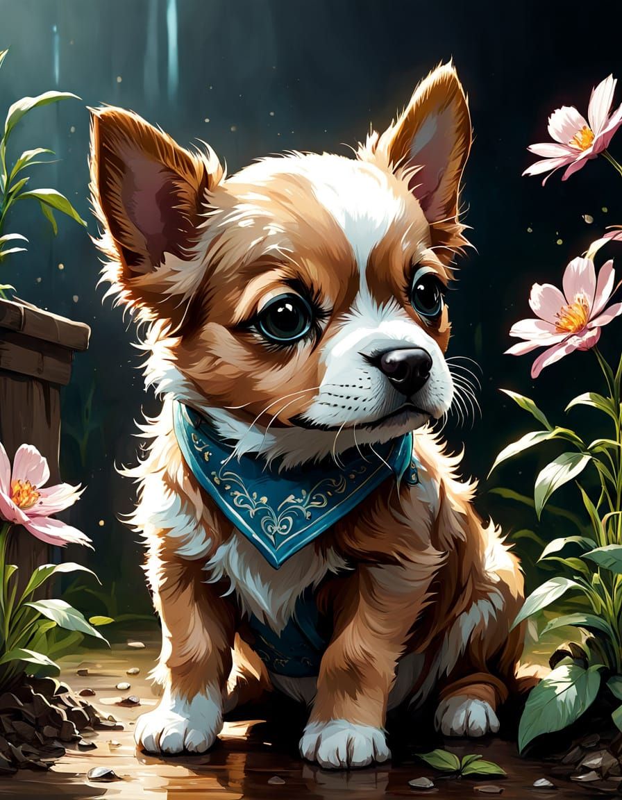 Adorable Baby Dog in Spring, Digital Art