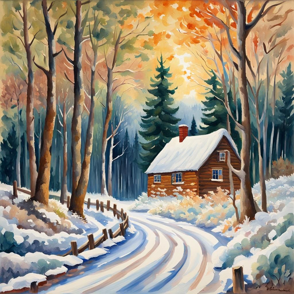 Winter Forest in Gouache Impressionist Style