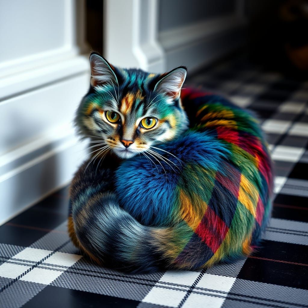 Vibrant Plaid Cat in Hyper-Realistic Style