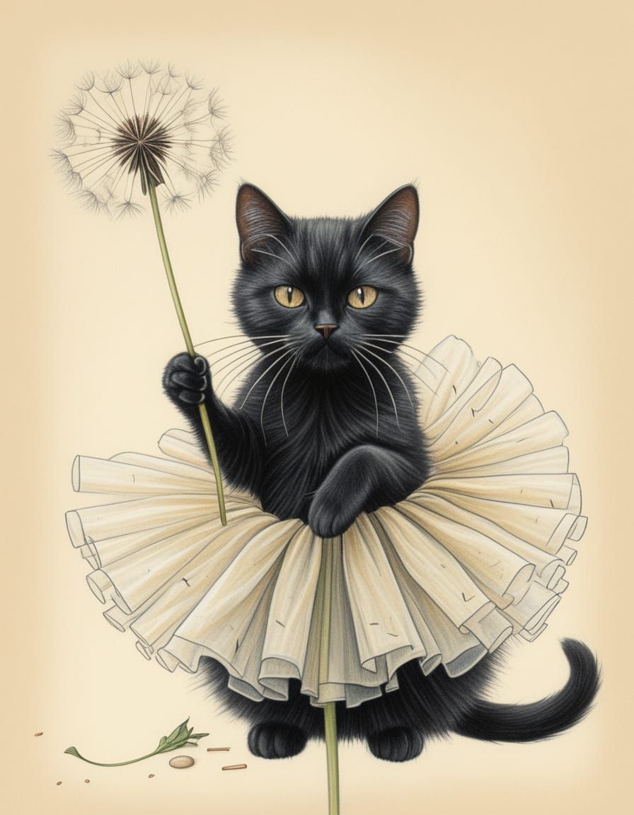 Anthropomorphic Black Cat in Tutu: Colored Pencil Portrait