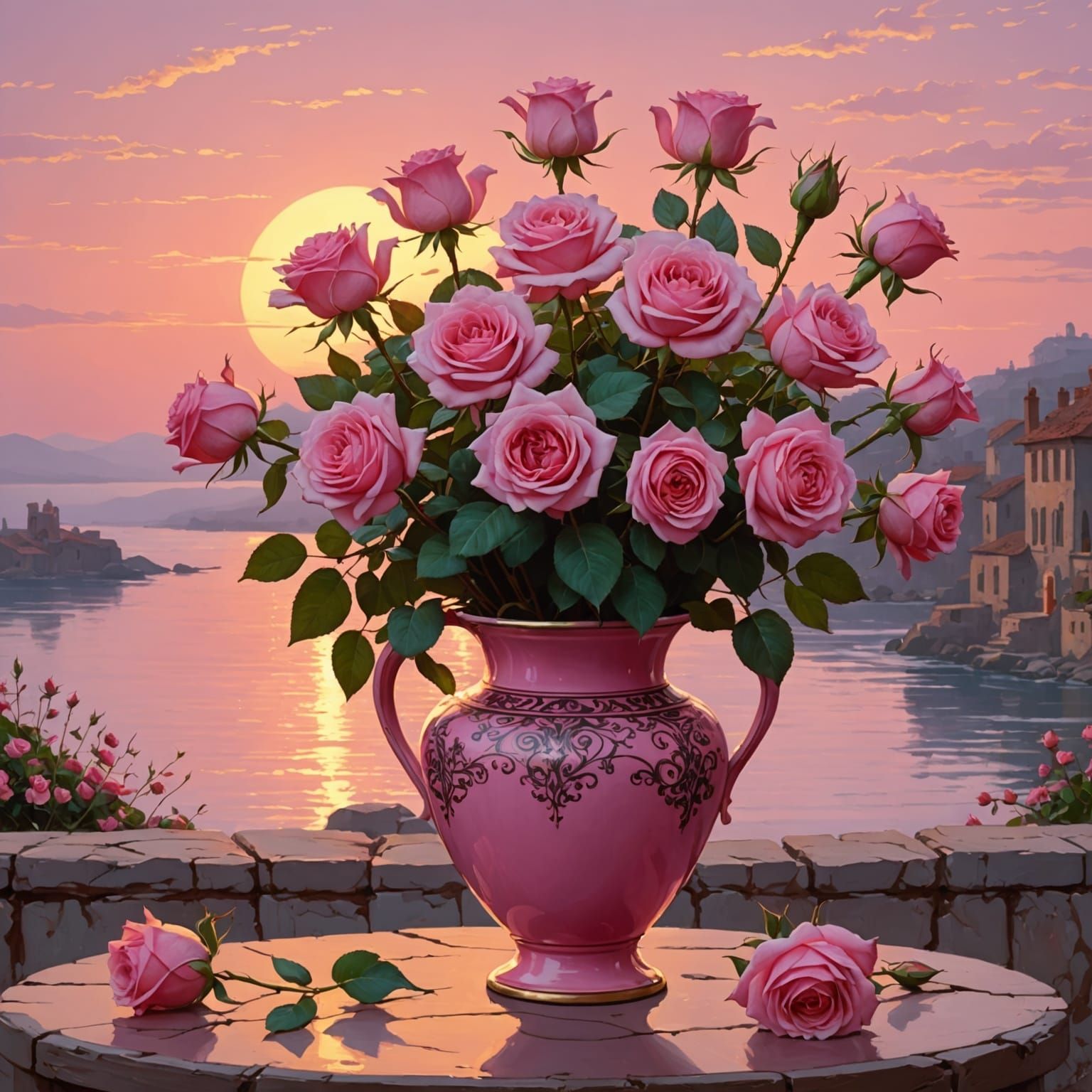 A Beautiful Pink Vase in a Vibrant Sunset Scene