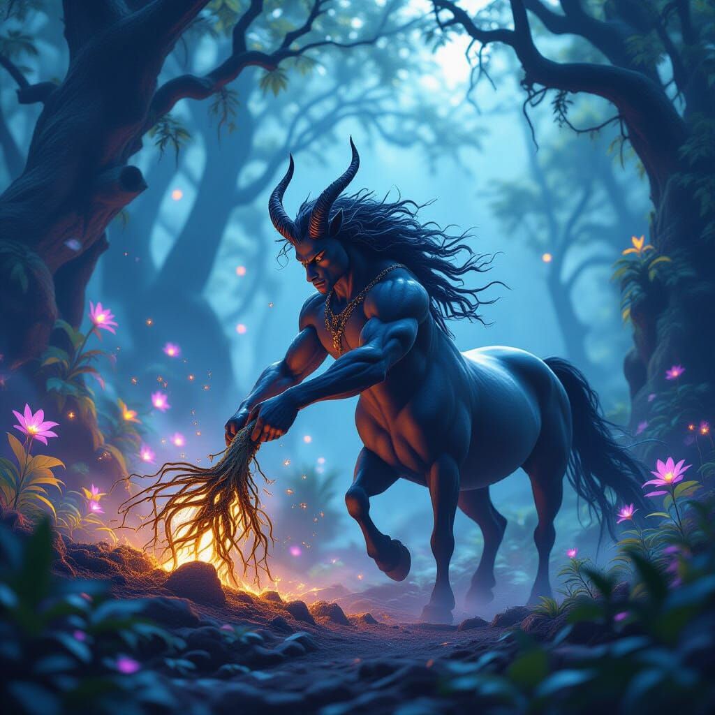 Annoyed Centaur Pulls Screaming Mandrake in Enchanted Forest