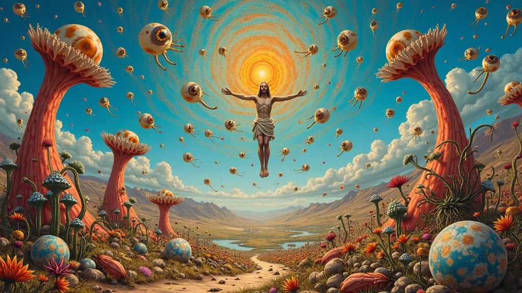 Surreal Christ the Redeemer in Bizarre Landscape