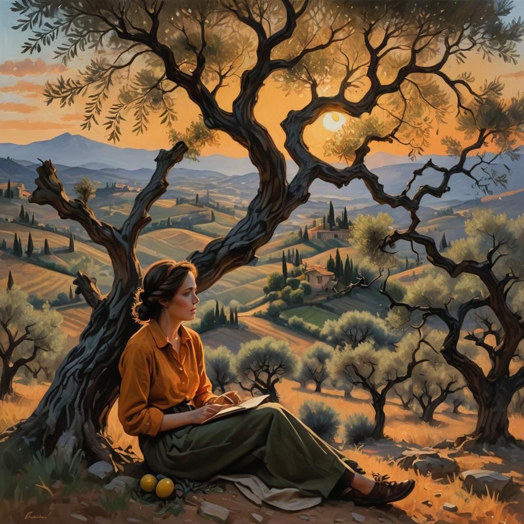 Olive Grove Sunset in Impressionist Style