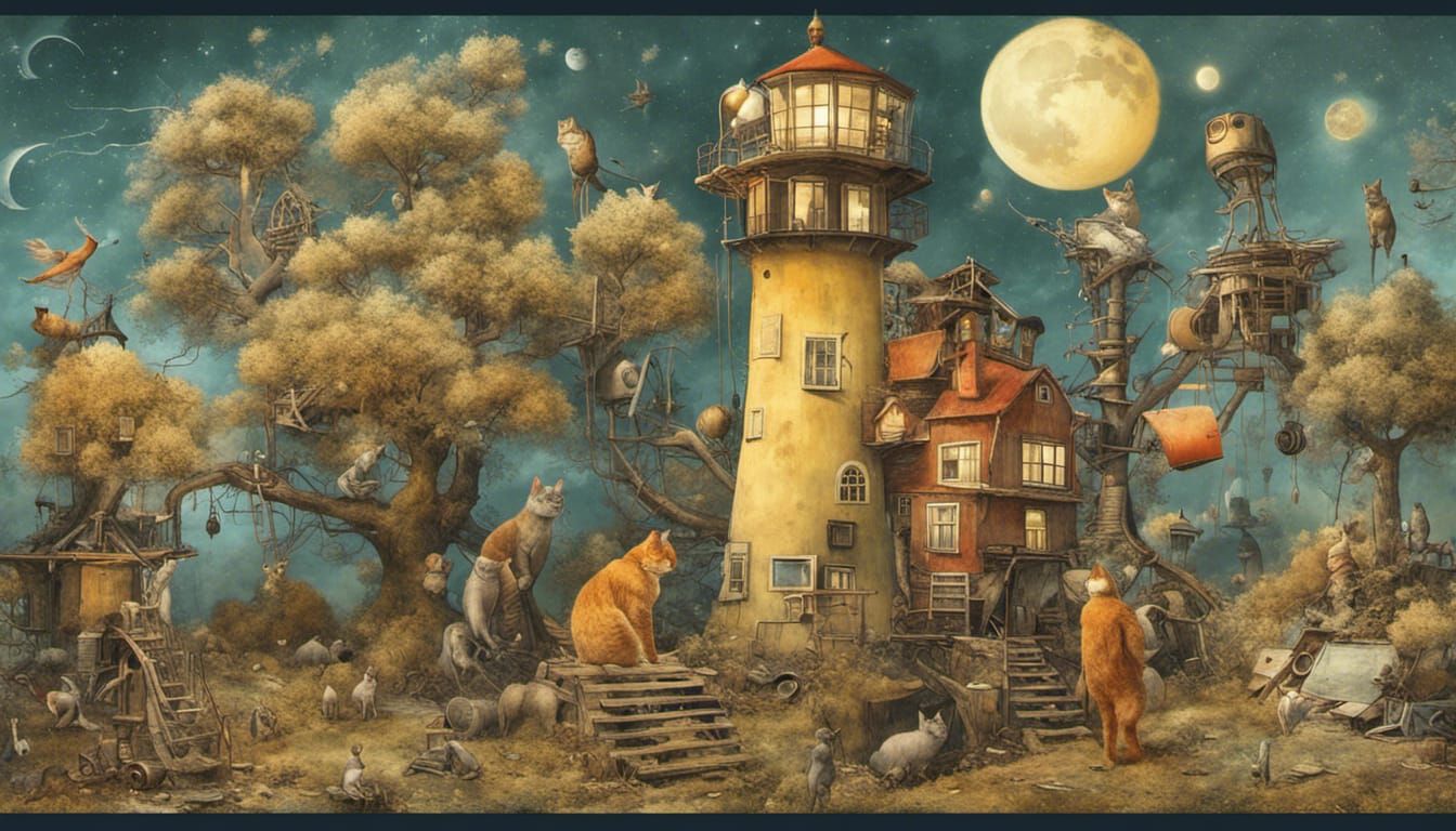 Futuristic Treehouses with Robots and Vintage Telephone