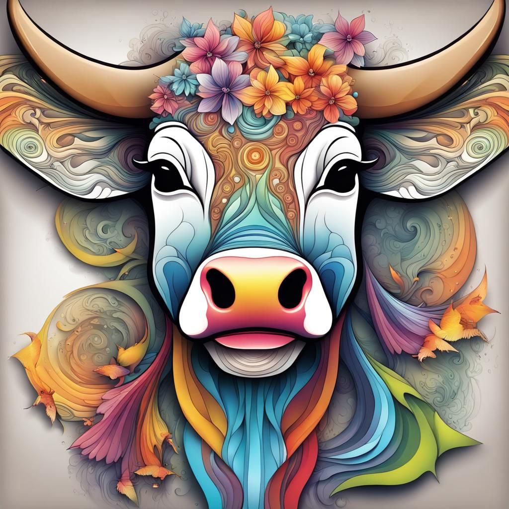 Cow Face with Waterfall and Hummingbird in Abstract Style