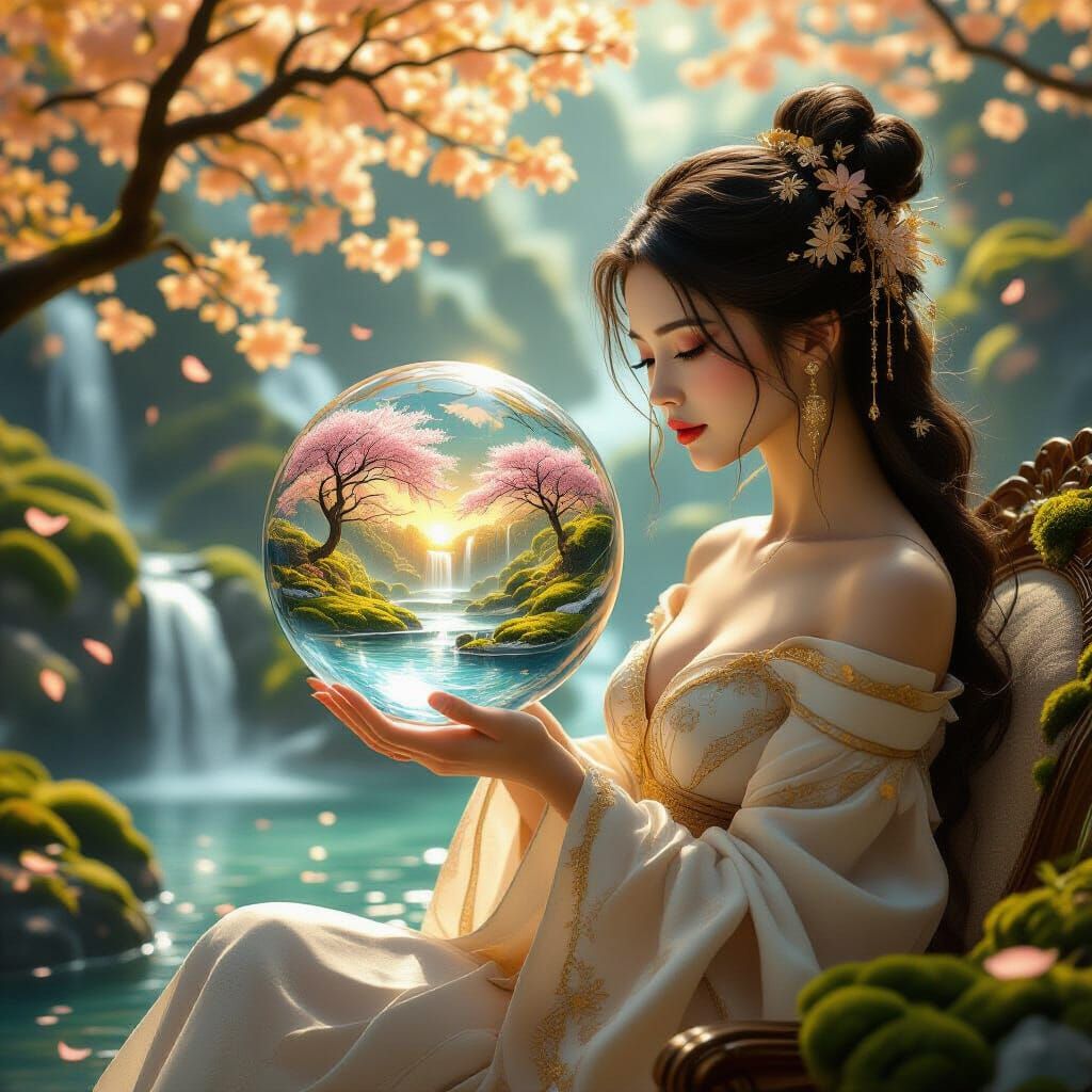 Ethereal Woman Holds World of Golden Sakura