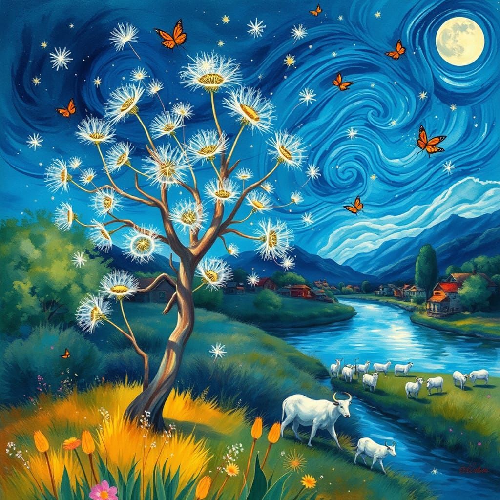 Dreamy Dandelion Tree Scene in Vibrant Digital Watercolor St...