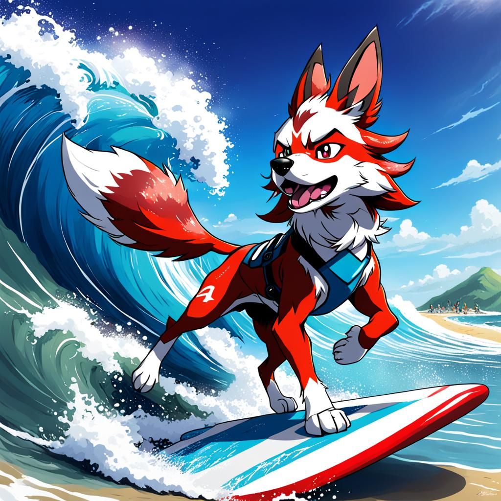 Lycanroc Surfing in Anime Style