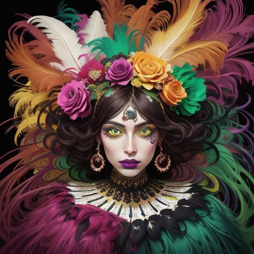 Vibrant Abstract Portrait of Woman with Peacock Feathers