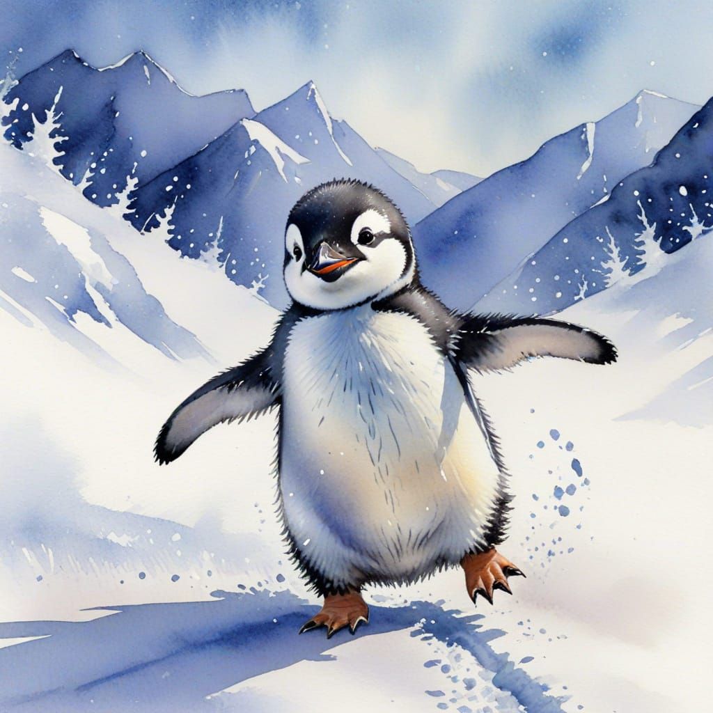 Adorable Baby Penguin Sliding in Snow