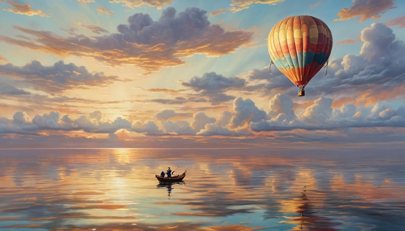 Serene Ocean Sunset With Hot Air Balloon, Surrealist Paintin...