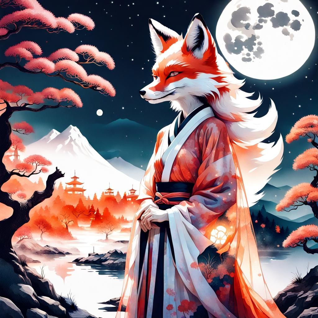 Kitsune Double Exposure in Fantasy Japanese Landscape