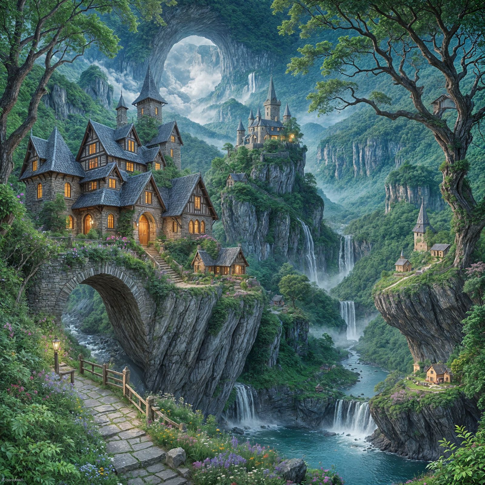 Epic Fantasy Landscape with Castle and Waterfalls