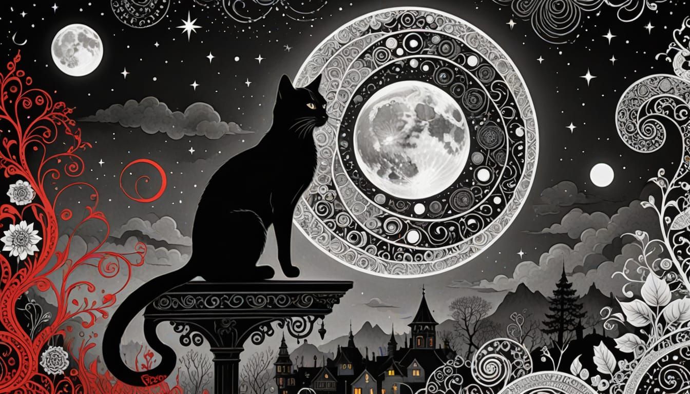 Mystical Cats Gazing at Moon with Zentangle Patterns