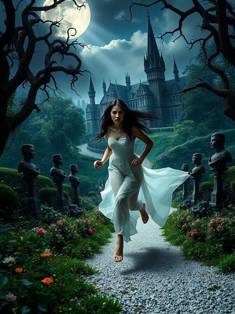Ethereal Forest with Gothic Mansion in Moonlit Glory
