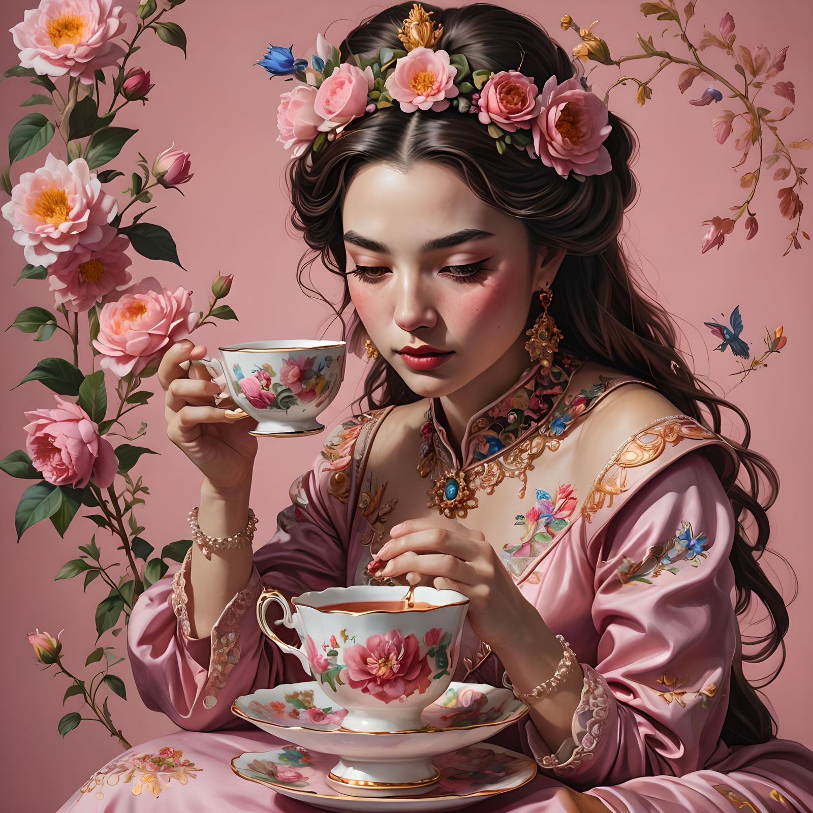 Hyperrealistic Young Queen Drinks Tea: Splash Art