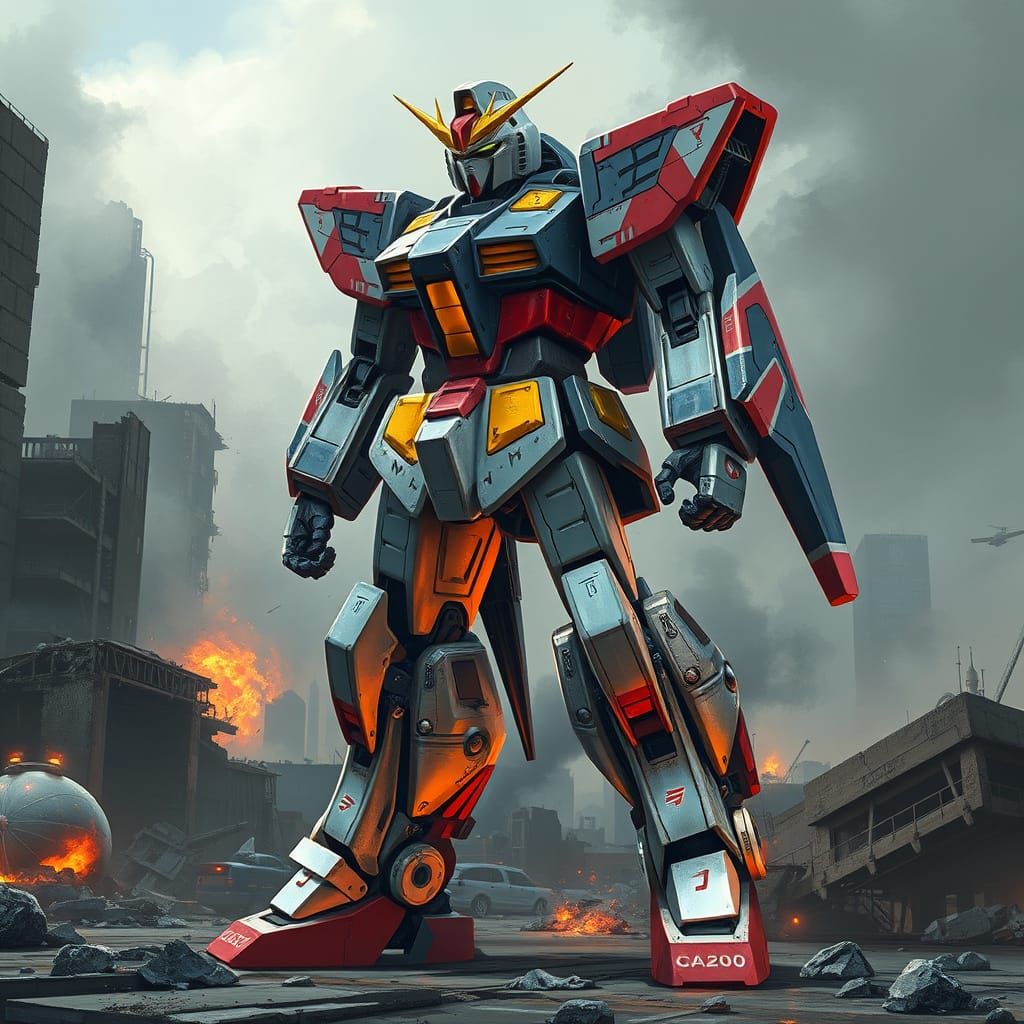 Majestic Mobile Suit Gundam in Ruined Urban Landscape