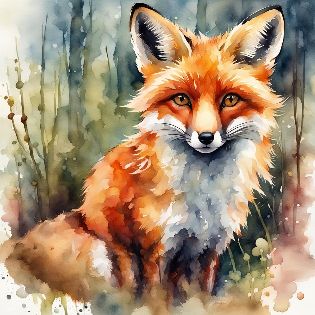 Watercolor Fox in Sunlit Woodland Illustration