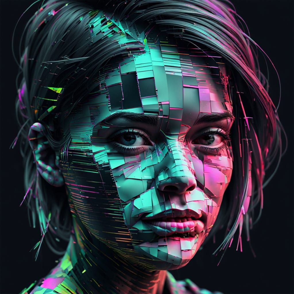 Glitch Art Portrait of Distorted Woman's Face