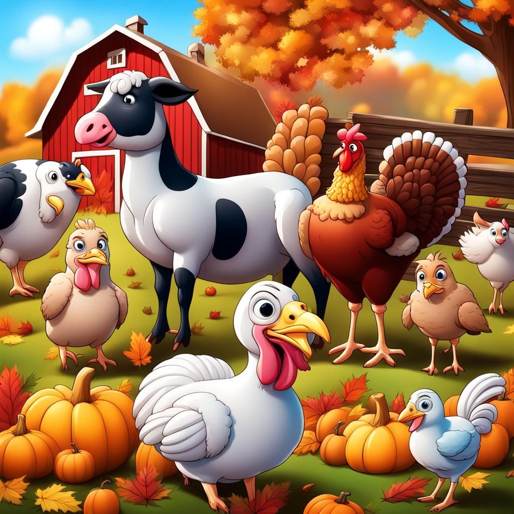 Thanksgiving Cartoon Farm Animals in Hyperrealistic Style