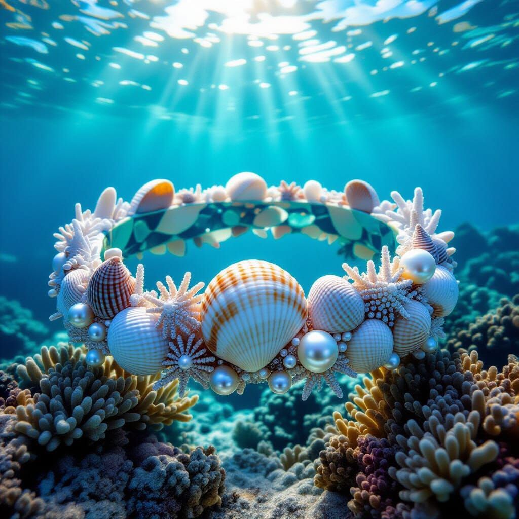 Ocean Crown of Seashells, Coral, and Pearls Under Biolumines...
