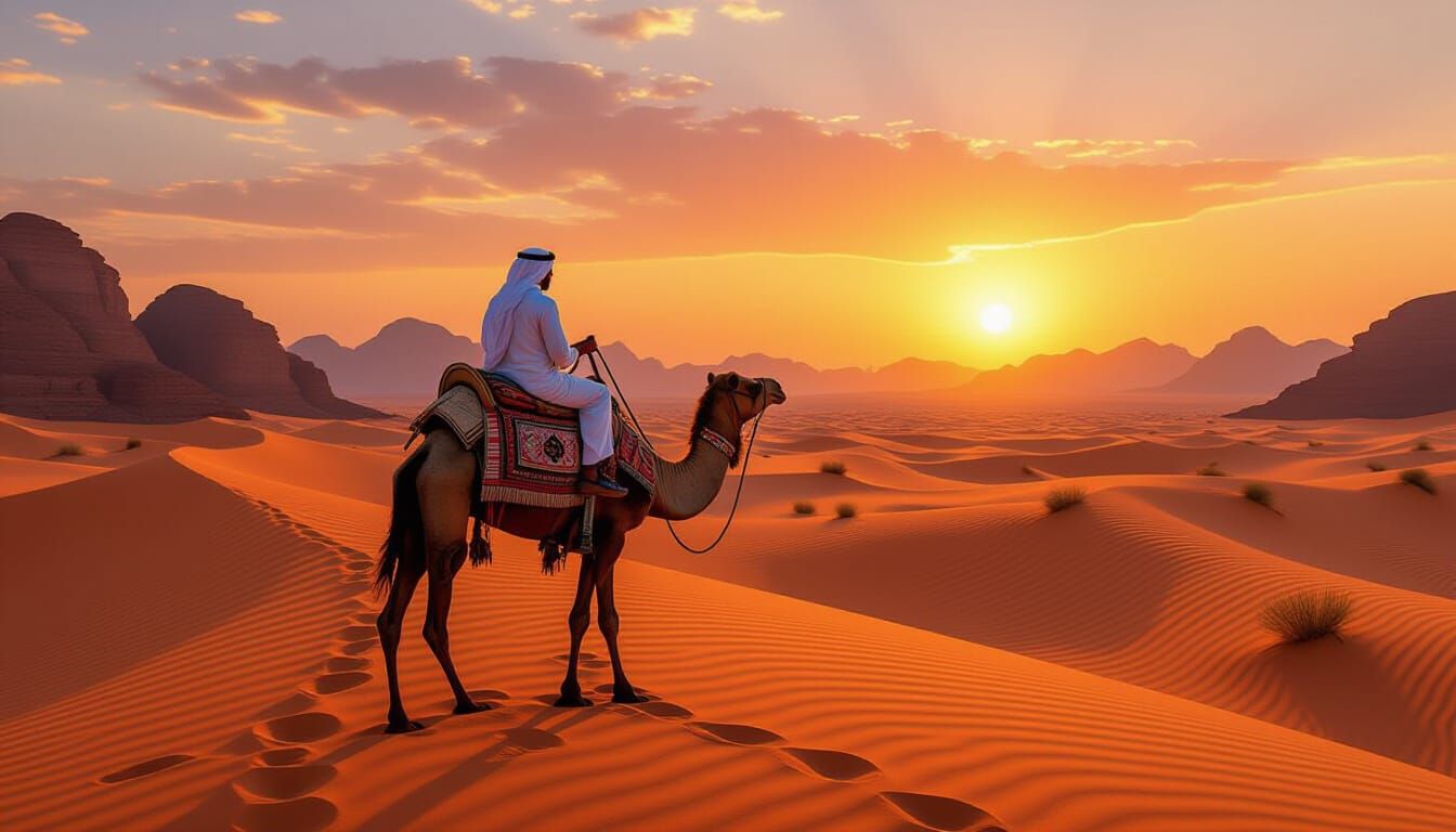 Camel in Desert at Sunset, Photorealistic Style