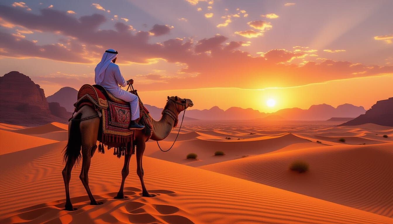 Camel in the Desert at Sunset, Photorealistic Style