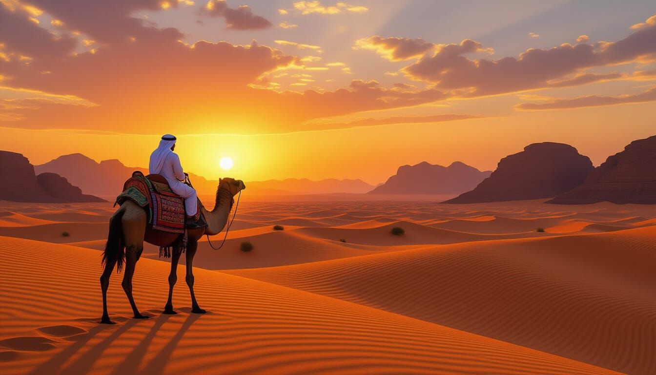 Camel in the Desert at Sunset: Photorealistic Image