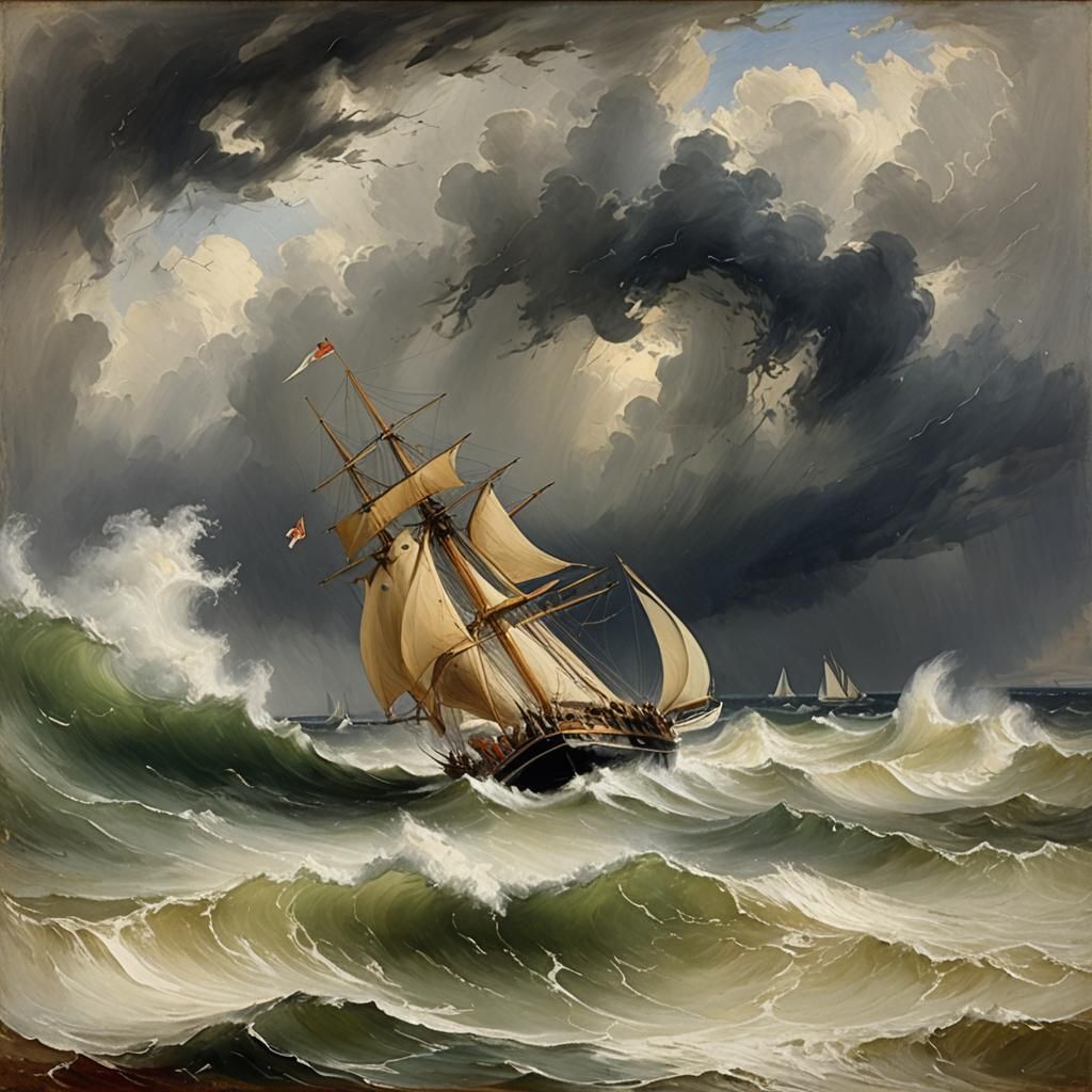 Yacht Navigating Stormy Sea in Romantic Style