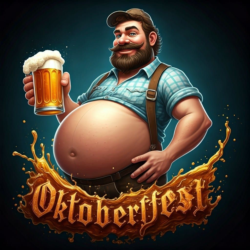 A cartoon man with a beer belly holding a beer and the image...