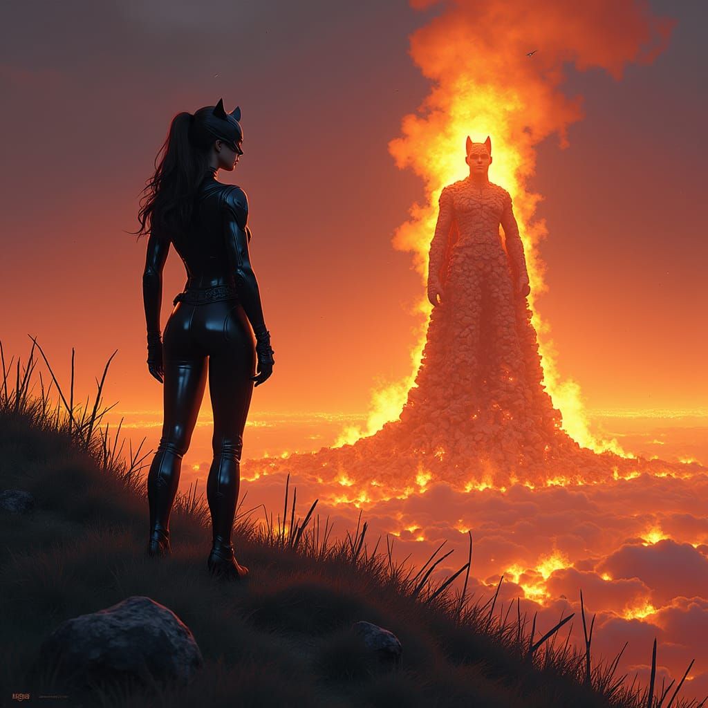 Catwoman Watches Bonfire in Graphic Novel Style