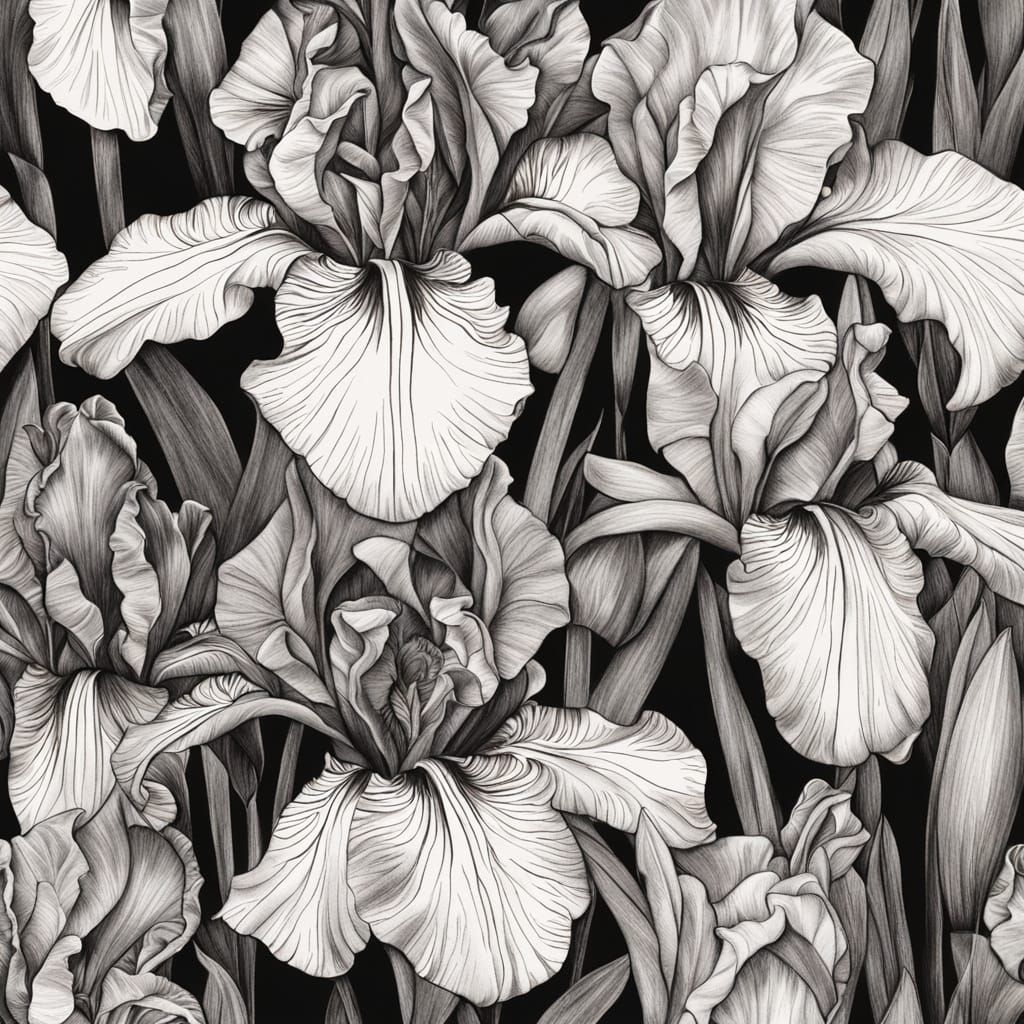 Lush Irises Bouquet Charcoal Drawing on Silk