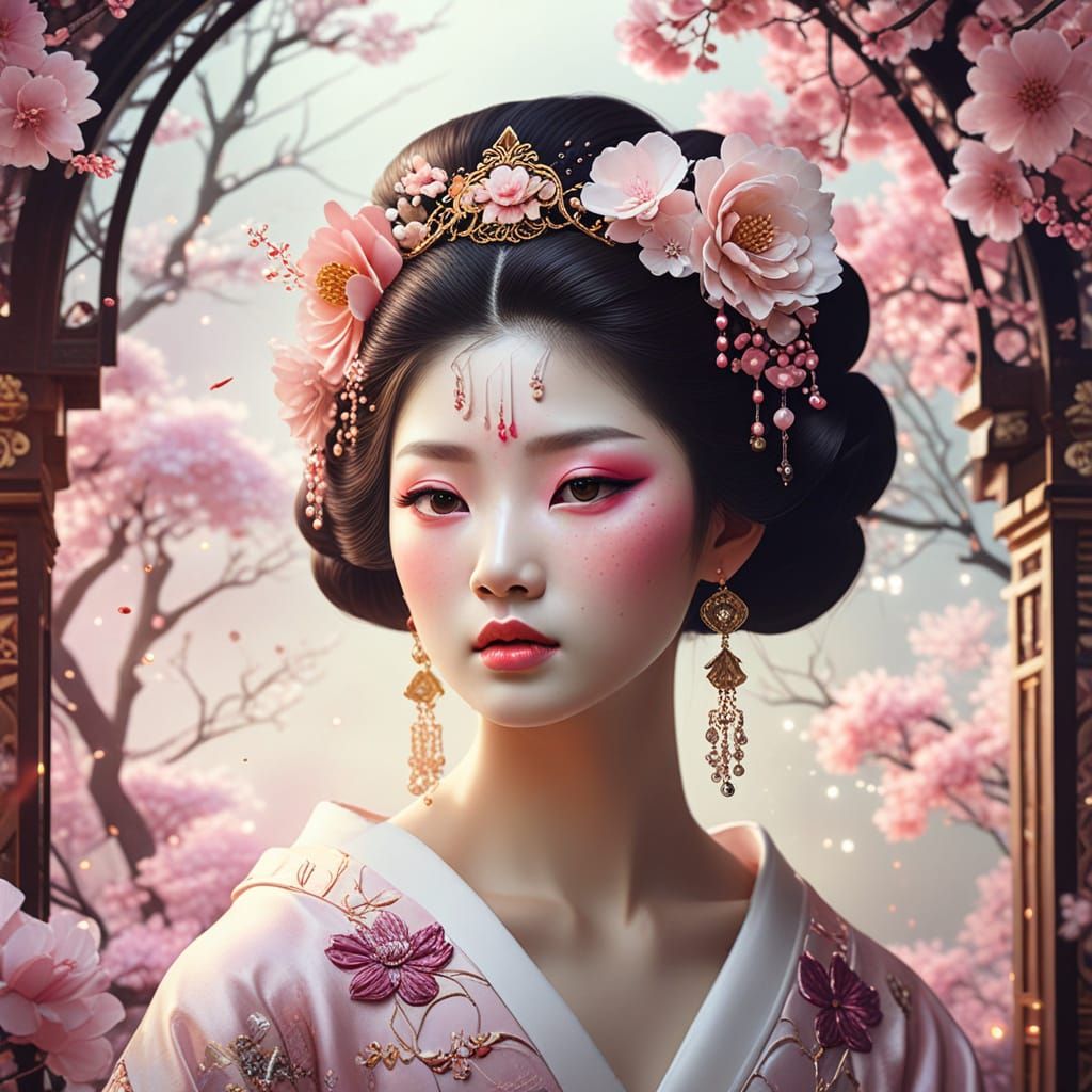 Floral Giesha woman with 8k3D embellishments of crystals, hearts and flowers, all tones of pink, magenta, plum and white...